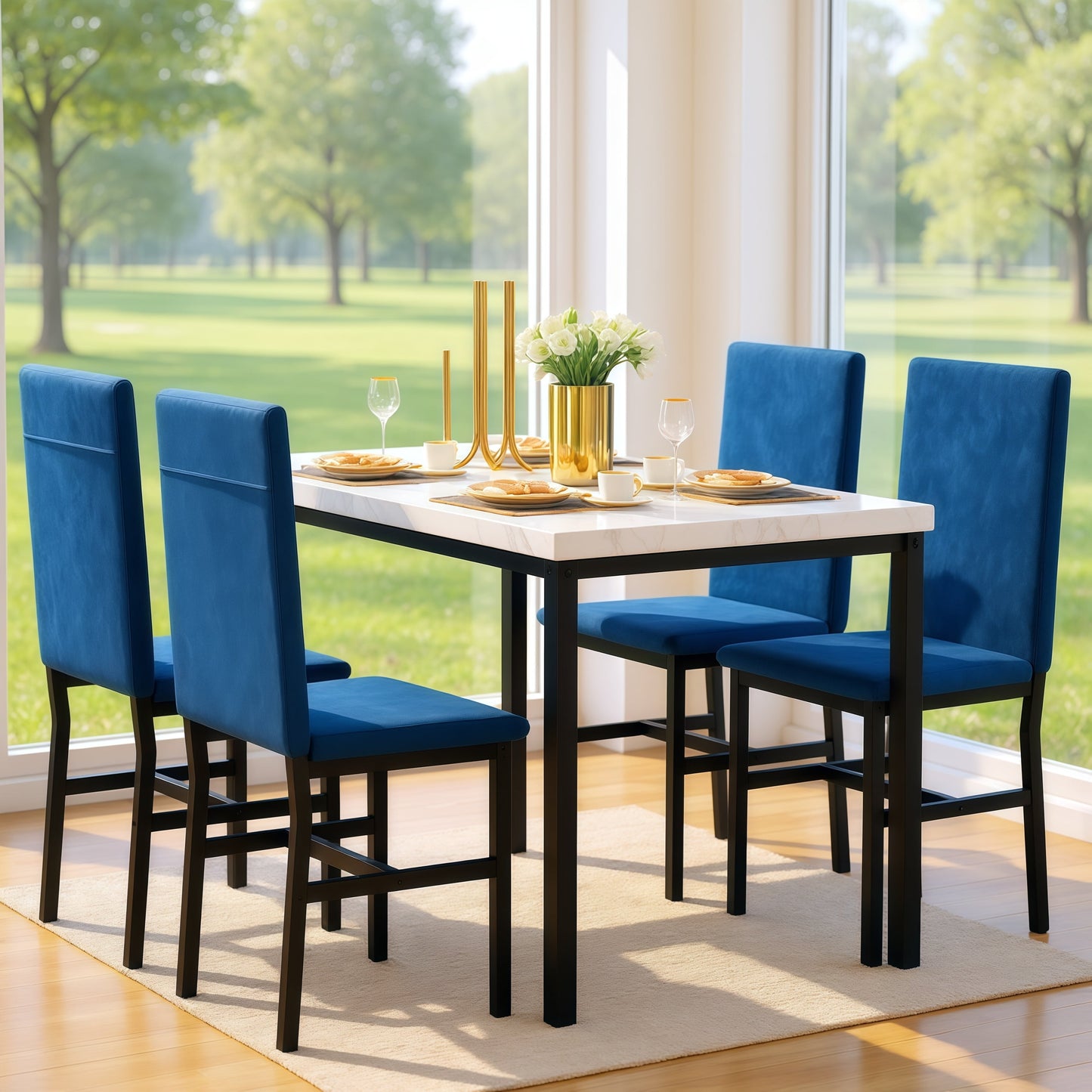 5-Piece Dining Set for 4 – Faux Marble Table with 4 Velvet Upholstered Chairs, White & Blue