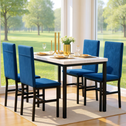 5-Piece Dining Set for 4 – Faux Marble Table with 4 Velvet Upholstered Chairs, White & Blue