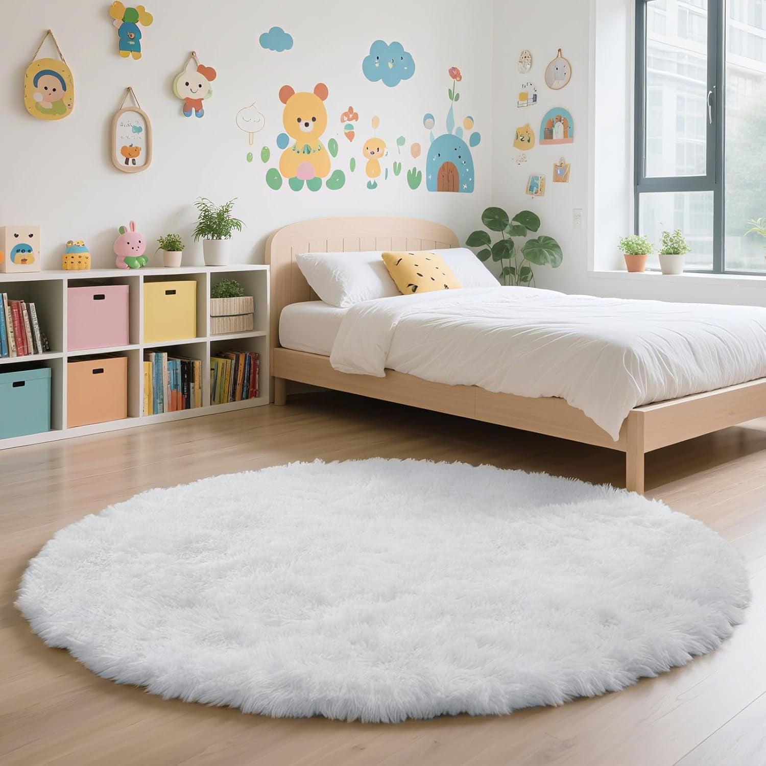 3' Round White Fluffy Shag Rug – Soft Non-Slip Cozy Area Rug for Bedroom & Home Décor