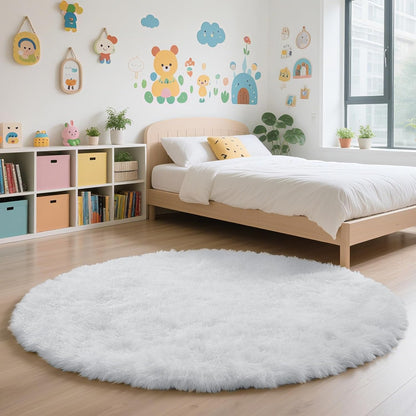 3' Round White Fluffy Shag Rug – Soft Non-Slip Cozy Area Rug for Bedroom & Home Décor