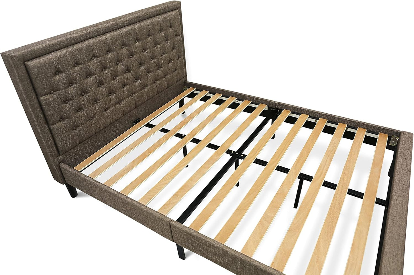 **KDF-18-Q Queen Platform Bed Frame – Brown Linen Upholstered Button-Tufted Headboard with Black Legs**