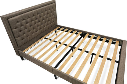 **KDF-18-Q Queen Platform Bed Frame – Brown Linen Upholstered Button-Tufted Headboard with Black Legs**