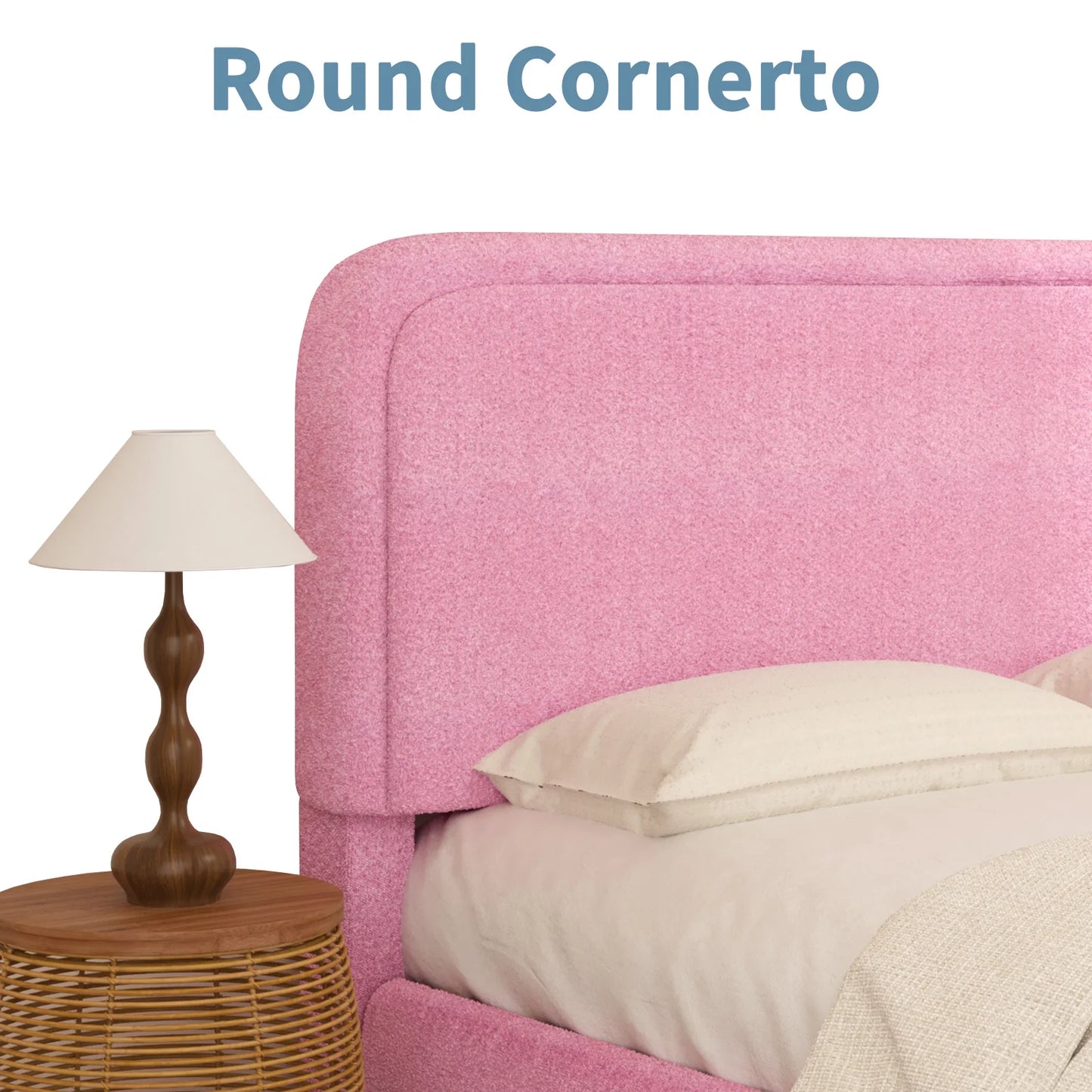 Queen Bouclé Upholstered Bed Frame – Modern Soft Curved Headboard, Pink
