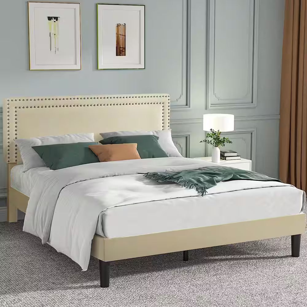 Queen Upholstered Platform Bed Frame – Adjustable Headboard, No Box Spring Needed, Beige