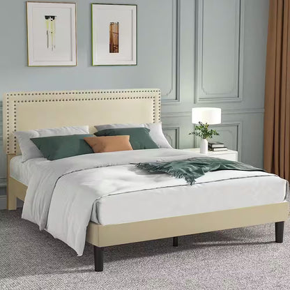 Queen Upholstered Platform Bed Frame – Adjustable Headboard, No Box Spring Needed, Beige