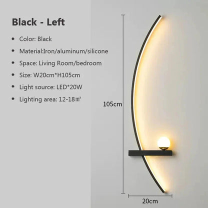 Modern black LED wall sconce with curved design, perfect for living room or bedroom ambiance lighting