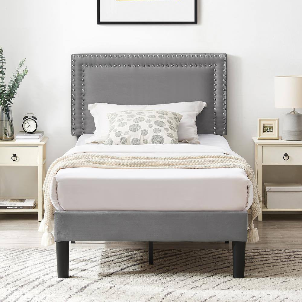 Twin Upholstered Platform Bed Frame – Adjustable Headboard, No Box Spring Needed, Gray