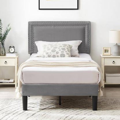 Twin Upholstered Platform Bed Frame – Adjustable Headboard, No Box Spring Needed, Gray