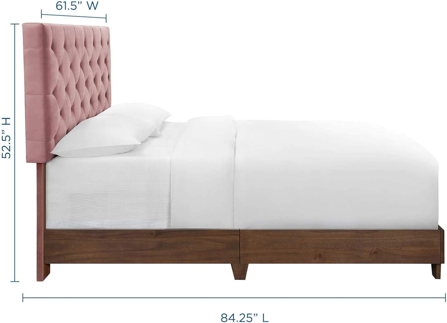 **Rhiannon Queen Velvet Bed – Diamond-Tufted Upholstered Bed Frame, Walnut & Dusty Rose**
