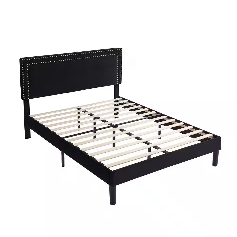 Full Upholstered Platform Bed Frame – Adjustable Headboard, No Box Spring Needed, Black