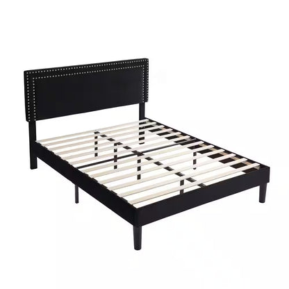 Full Upholstered Platform Bed Frame – Adjustable Headboard, No Box Spring Needed, Black