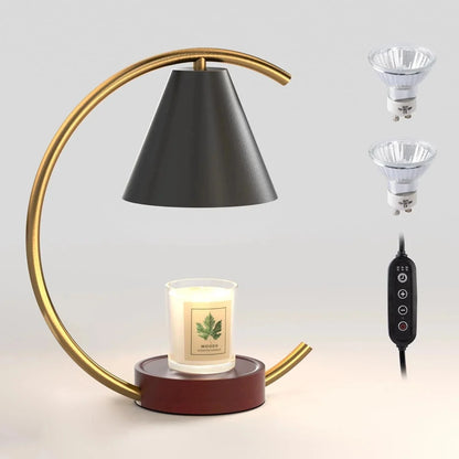 Modern gold candle warmer lamp with black shade, wooden base, and timer control for cozy home ambiance