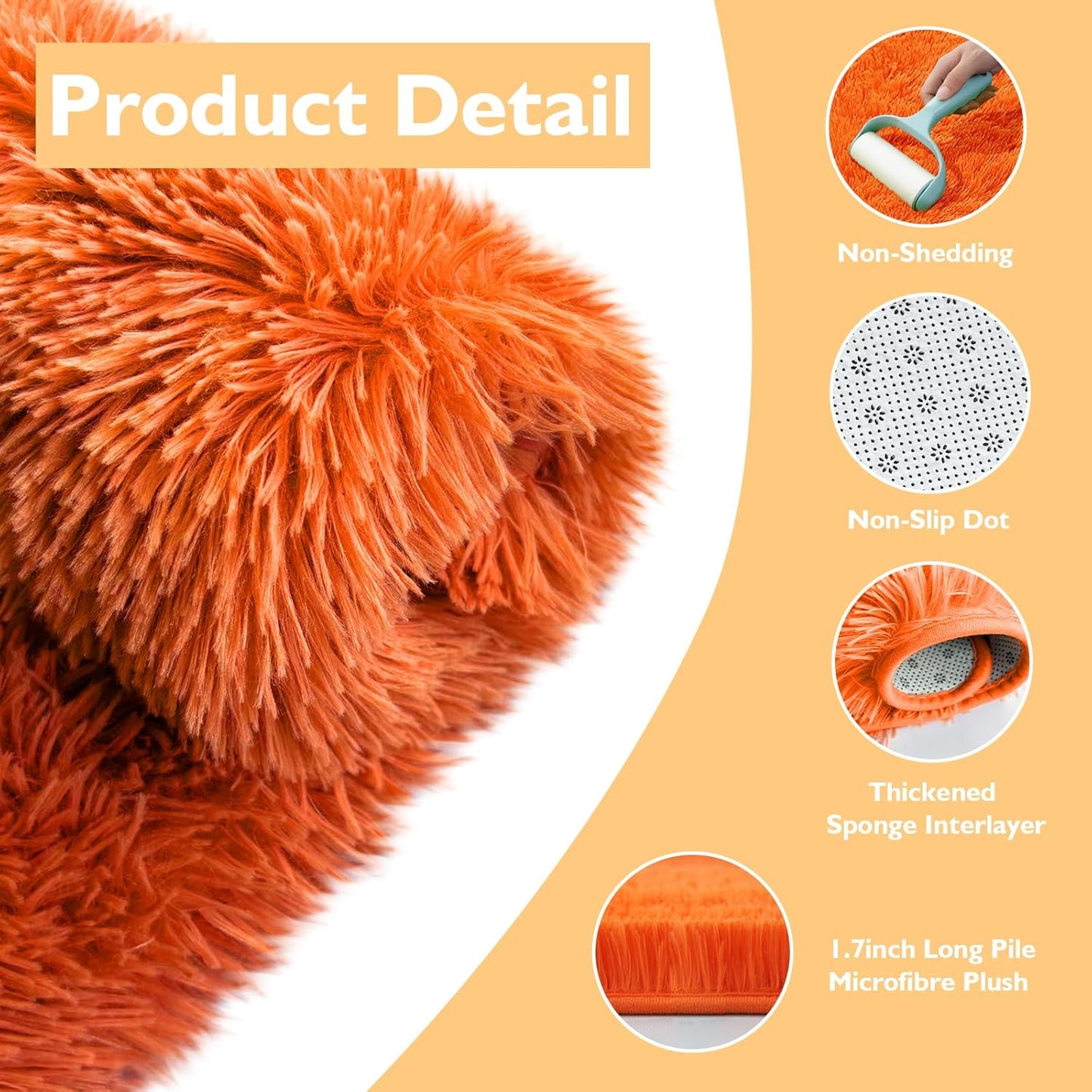 6' Round Orange Fluffy Shag Rug – Soft Cozy Area Rug for Bedroom & Home Décor