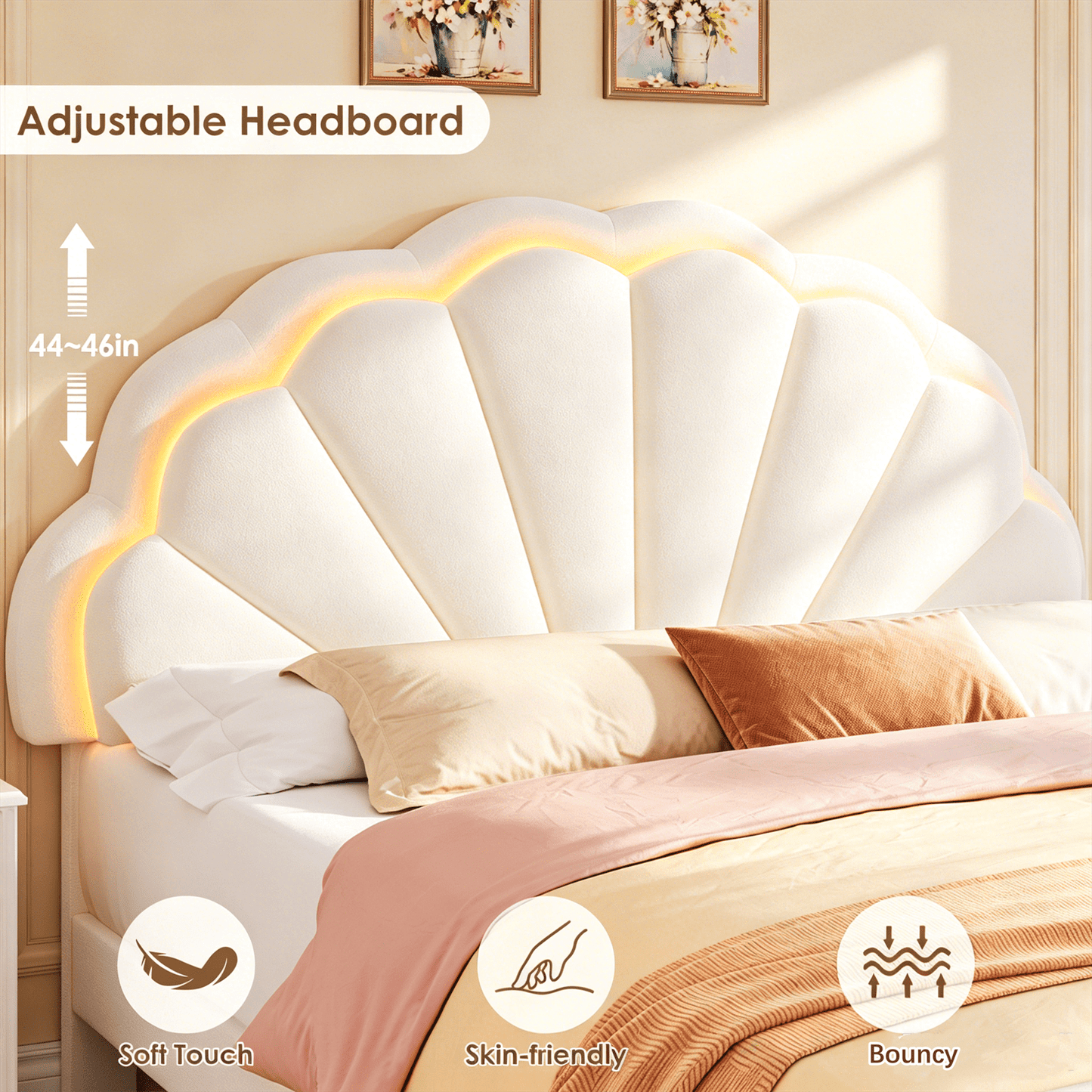 Queen Size Bed Frame with LED Lights & Storage Drawers, Upholstered Platform Bed with Adjustable Petal Headboard, off White Velvet