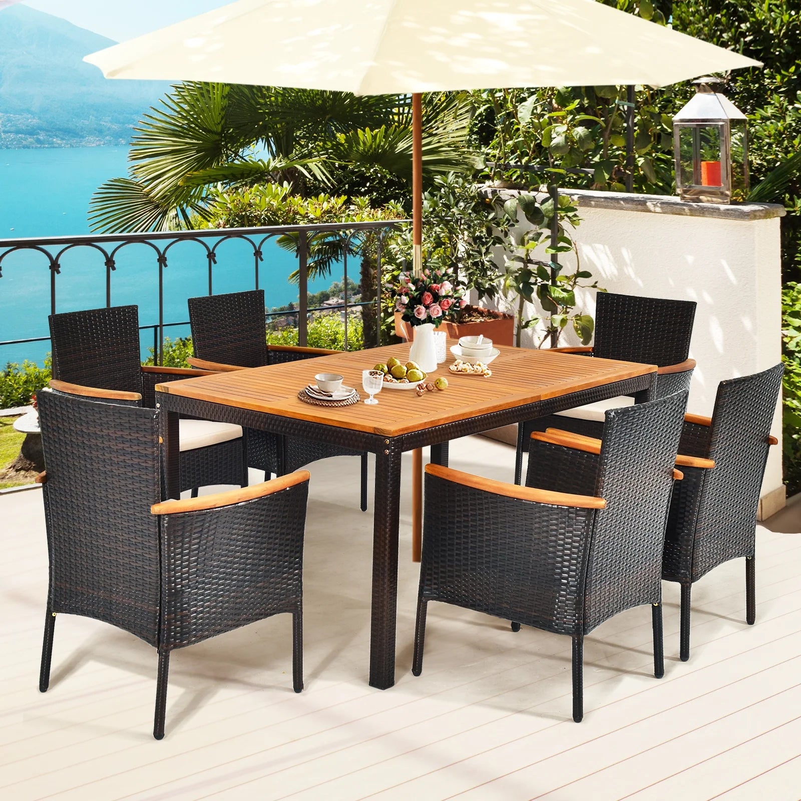 7-Piece Outdoor Patio Dining Set – Rattan Table & 6 Chairs with Umbrella Hole