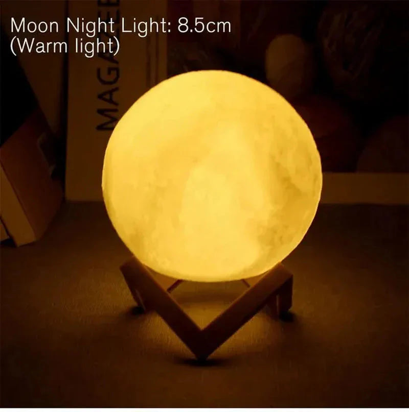 Glowing 3D moon night light with warm illumination, 8.5cm, on wooden stand for cozy bedroom ambiance