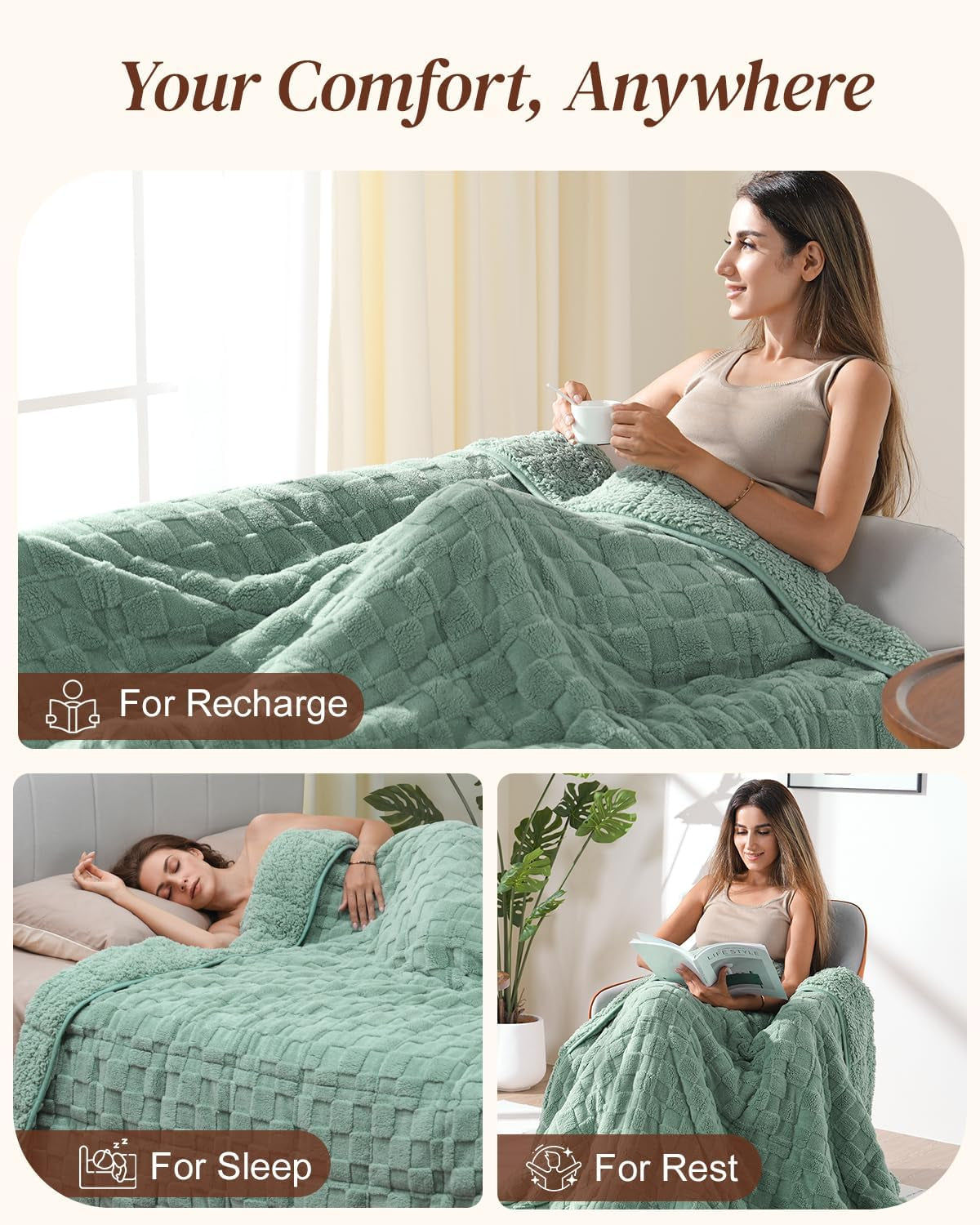 15Lbs Weighted Blanket for Adults, Checkered Fleece & Sherpa, 60"X80"