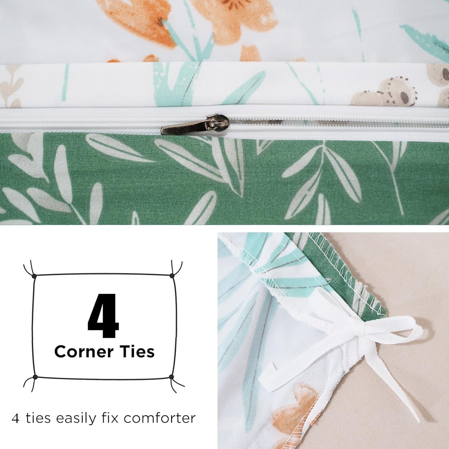 **3-Piece Queen Floral Duvet Cover Set – Reversible Green Botanical Bedding, Soft Cozy Farmhouse Style**