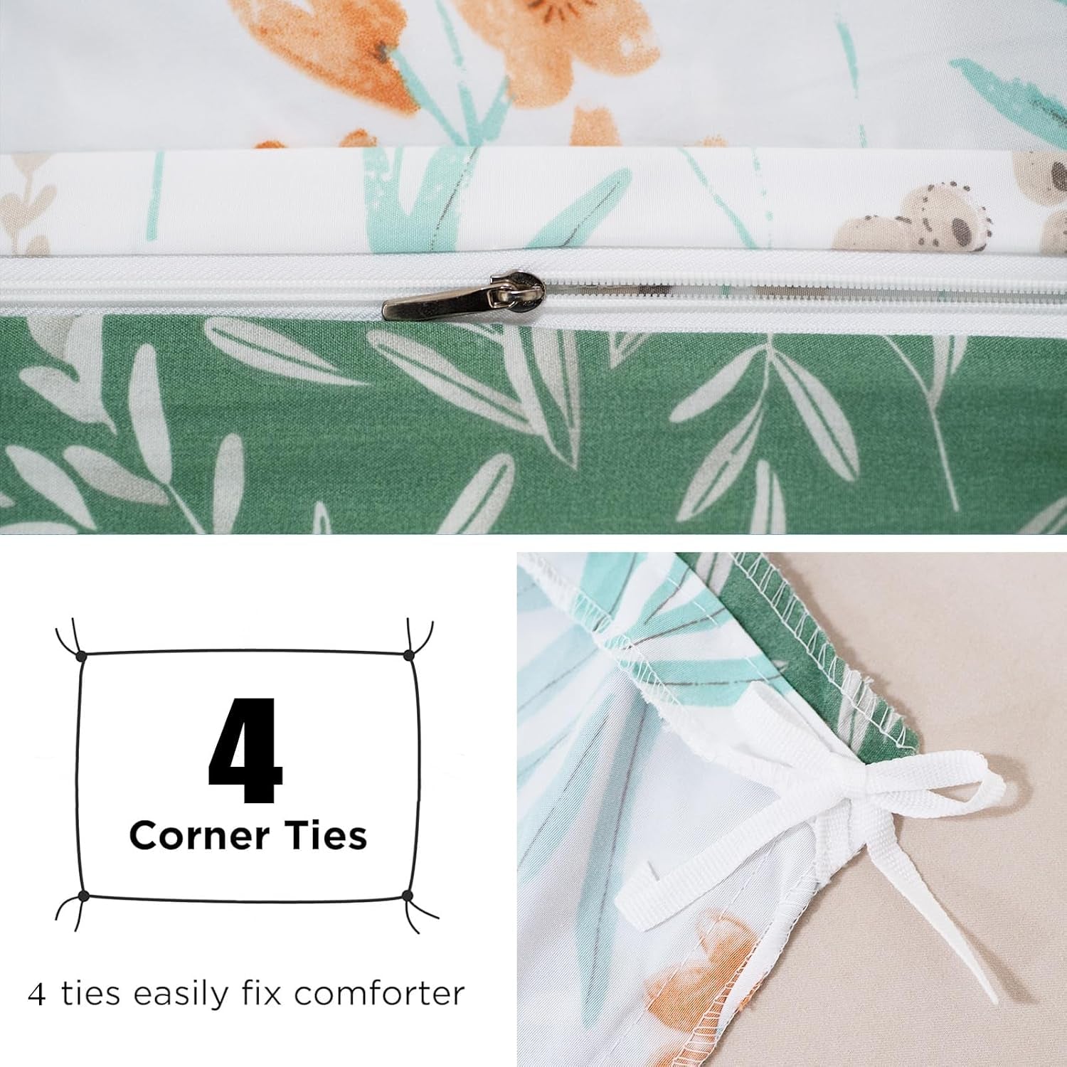 **3-Piece Queen Floral Duvet Cover Set – Reversible Green Botanical Bedding, Soft Cozy Farmhouse Style**