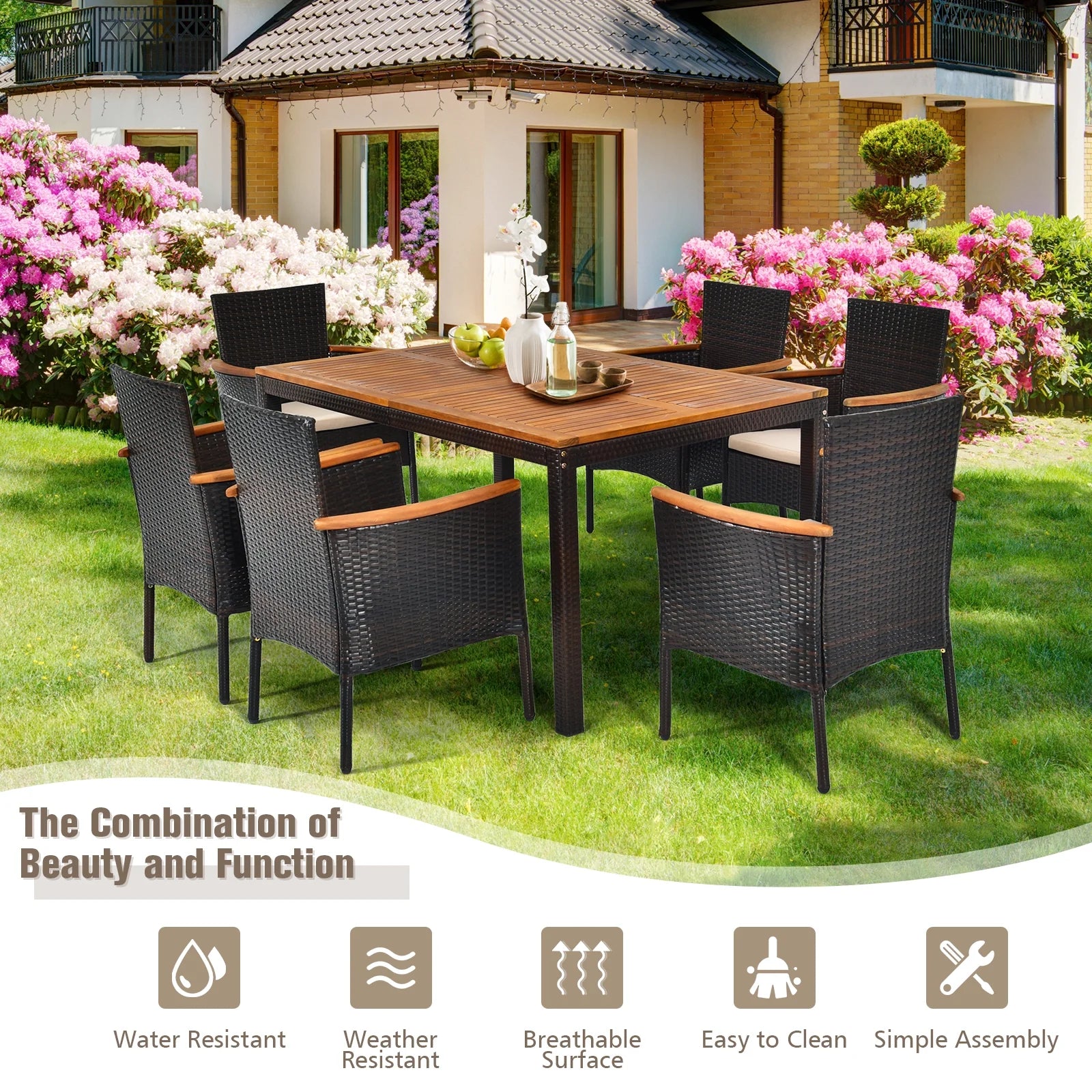 7-Piece Outdoor Patio Dining Set – Rattan Table & 6 Chairs with Umbrella Hole