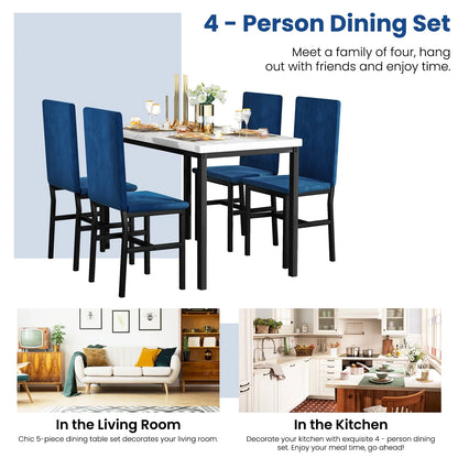 5-Piece Dining Set for 4 – Faux Marble Table with 4 Velvet Upholstered Chairs, White & Blue