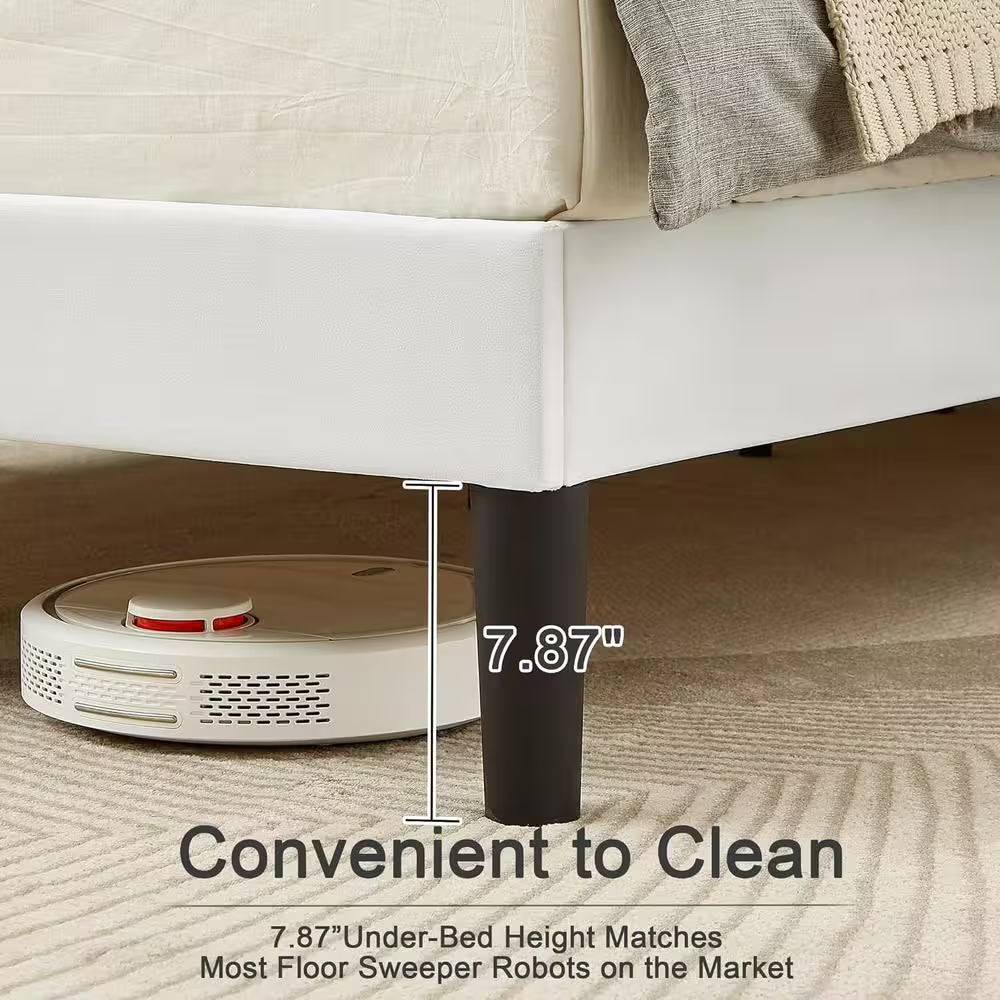 Queen Upholstered Platform Bed Frame – Adjustable Headboard & Strong Wooden Slat Support, White