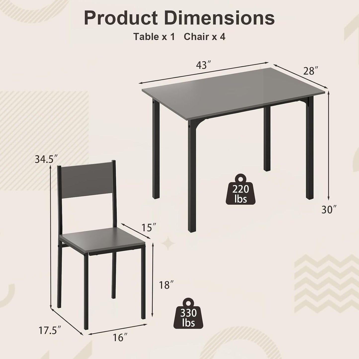 5-Piece Retro Dining Table Set for 4 – Space-Saving Kitchen Table & Chairs with Metal Frame