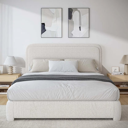 **4 Ever Queen Upholstered Bed Frame – High Curved Headboard & Soft Footboard, Cream**