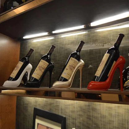Stylish high heel wine bottle holders in white, black, gold, red for cozy home decor