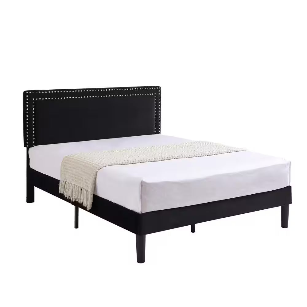 Full Upholstered Platform Bed Frame – Adjustable Headboard, No Box Spring Needed, Black