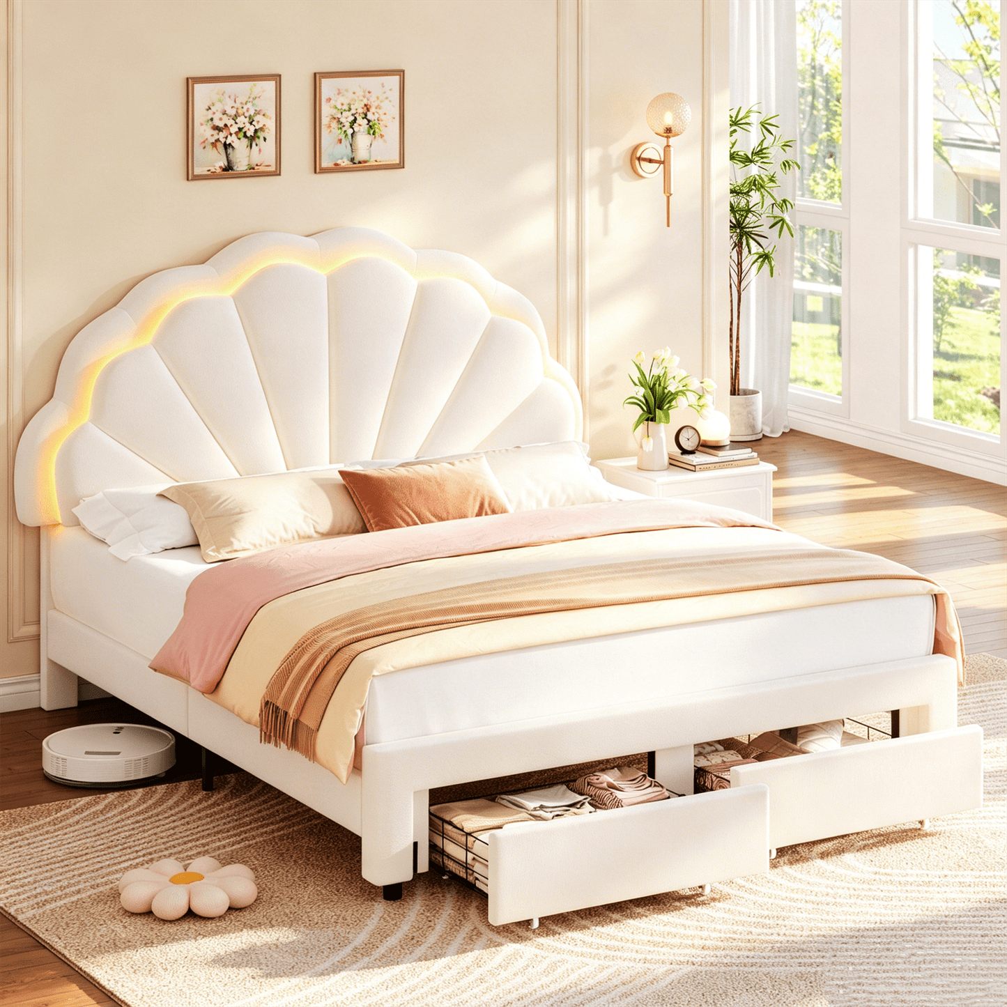 Queen Size Bed Frame with LED Lights & Storage Drawers, Upholstered Platform Bed with Adjustable Petal Headboard, off White Velvet