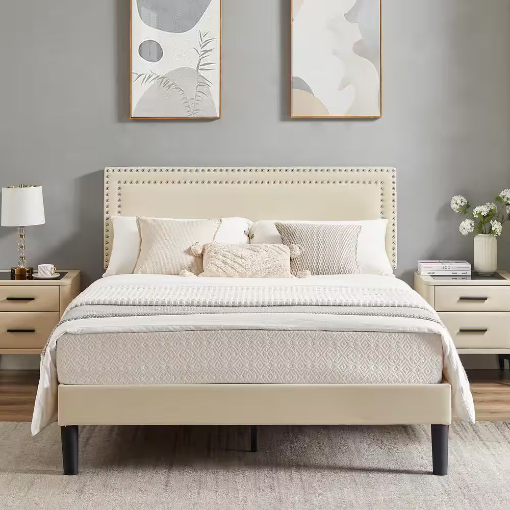 Queen Upholstered Platform Bed Frame – Adjustable Headboard, No Box Spring Needed, Beige
