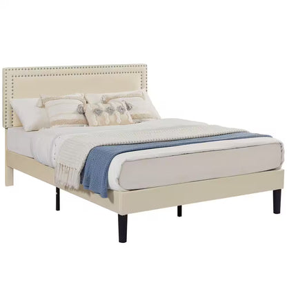 Queen Upholstered Platform Bed Frame – Adjustable Headboard, No Box Spring Needed, Beige