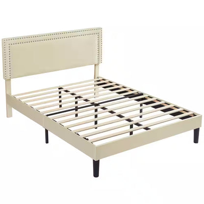 Queen Upholstered Platform Bed Frame – Adjustable Headboard, No Box Spring Needed, Beige