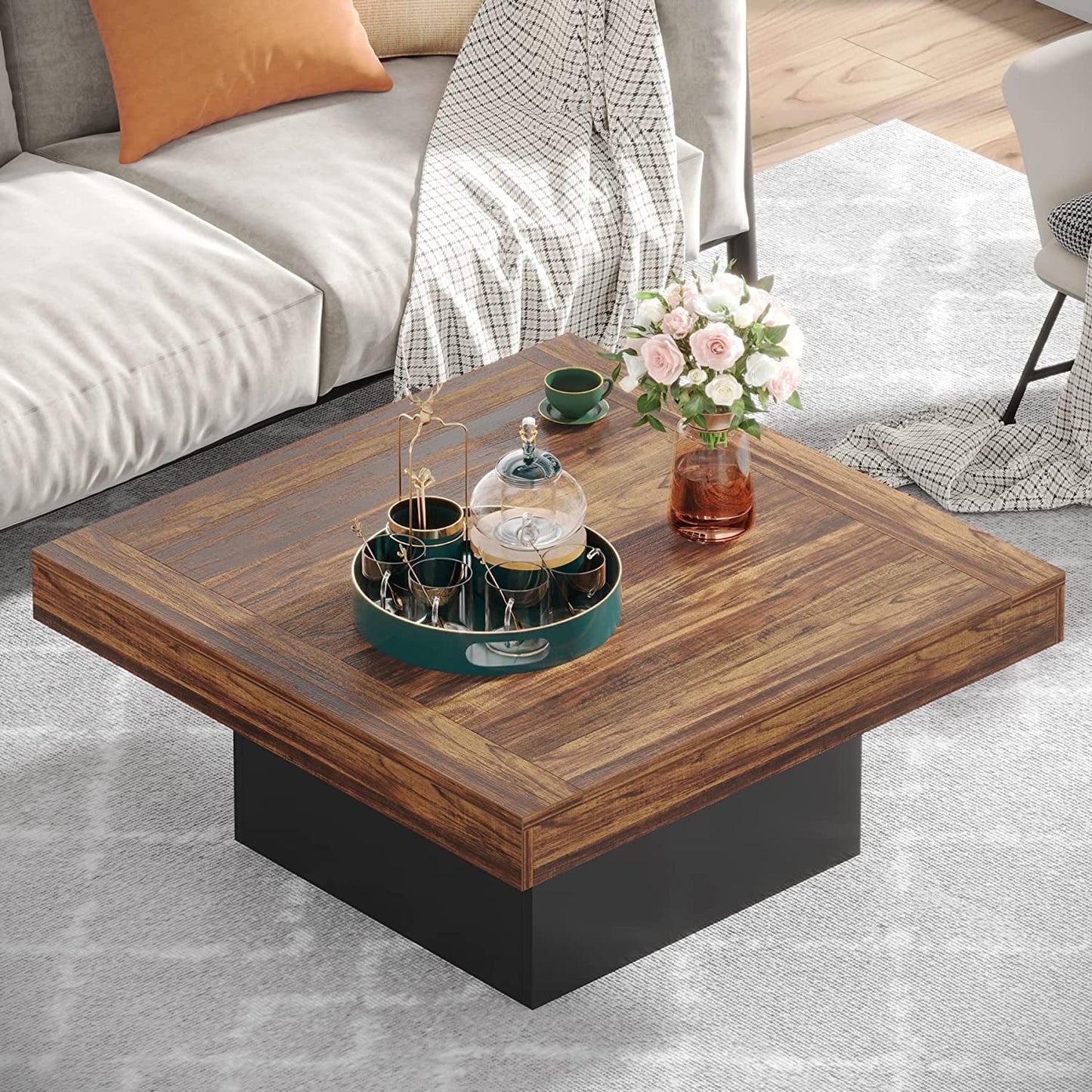 Modern Square LED Coffee Table – Rustic Brown & Black Wood Living Room Table
