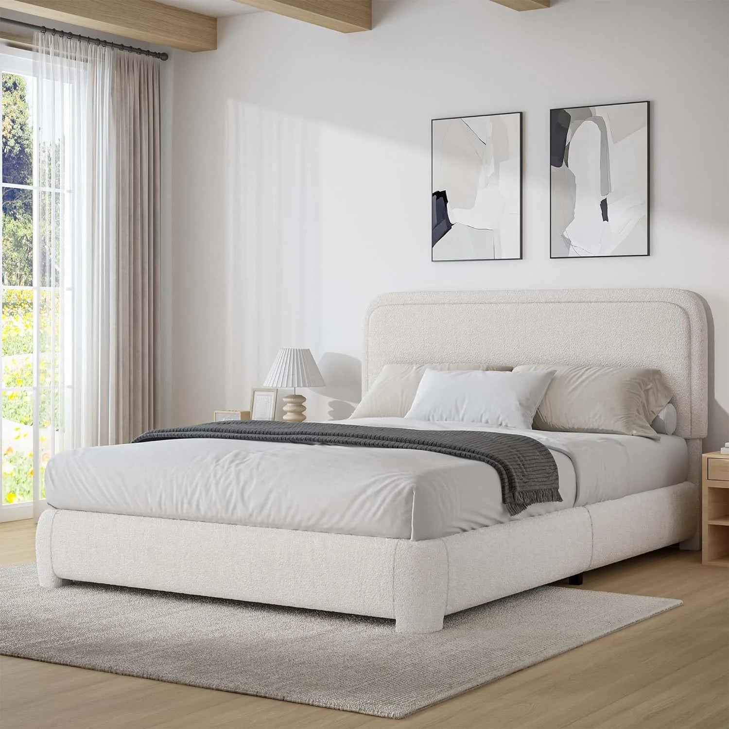 **4 Ever Queen Upholstered Bed Frame – High Curved Headboard & Soft Footboard, Cream**