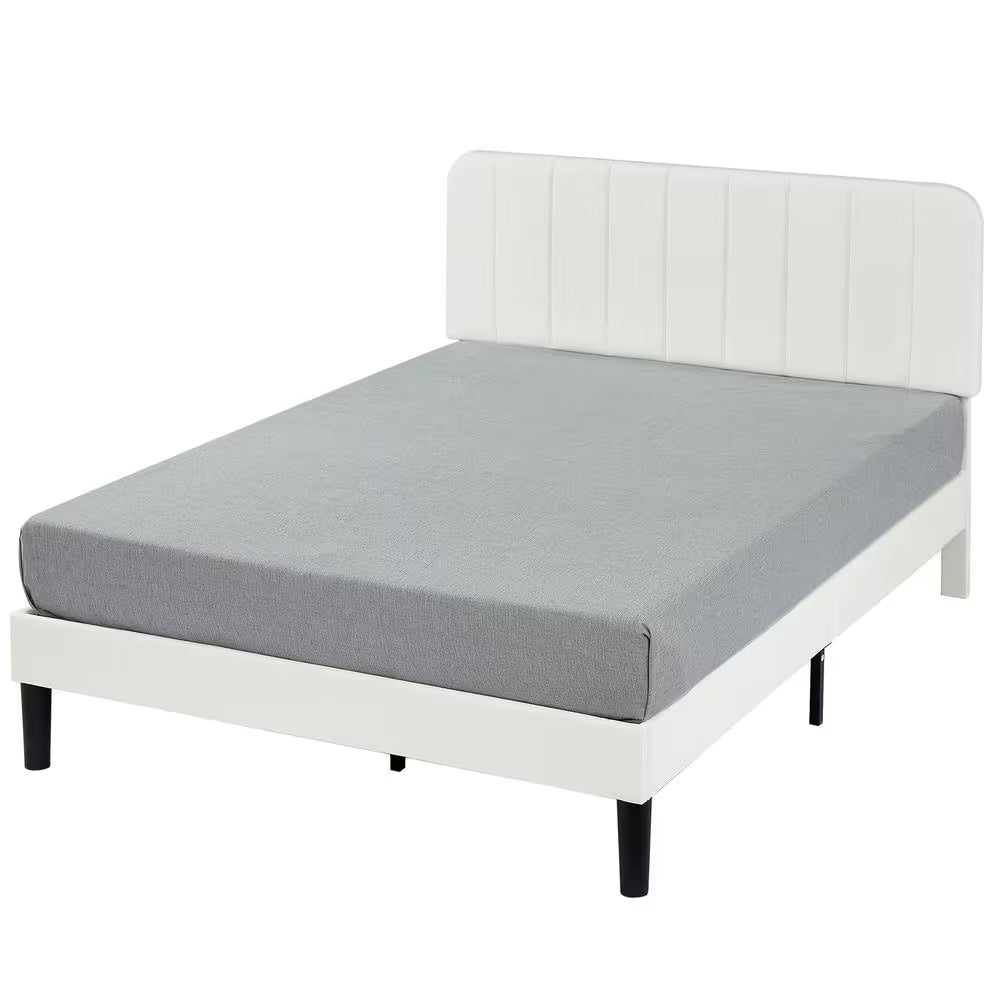 Queen Upholstered Platform Bed Frame – Adjustable Headboard & Strong Wooden Slat Support, White