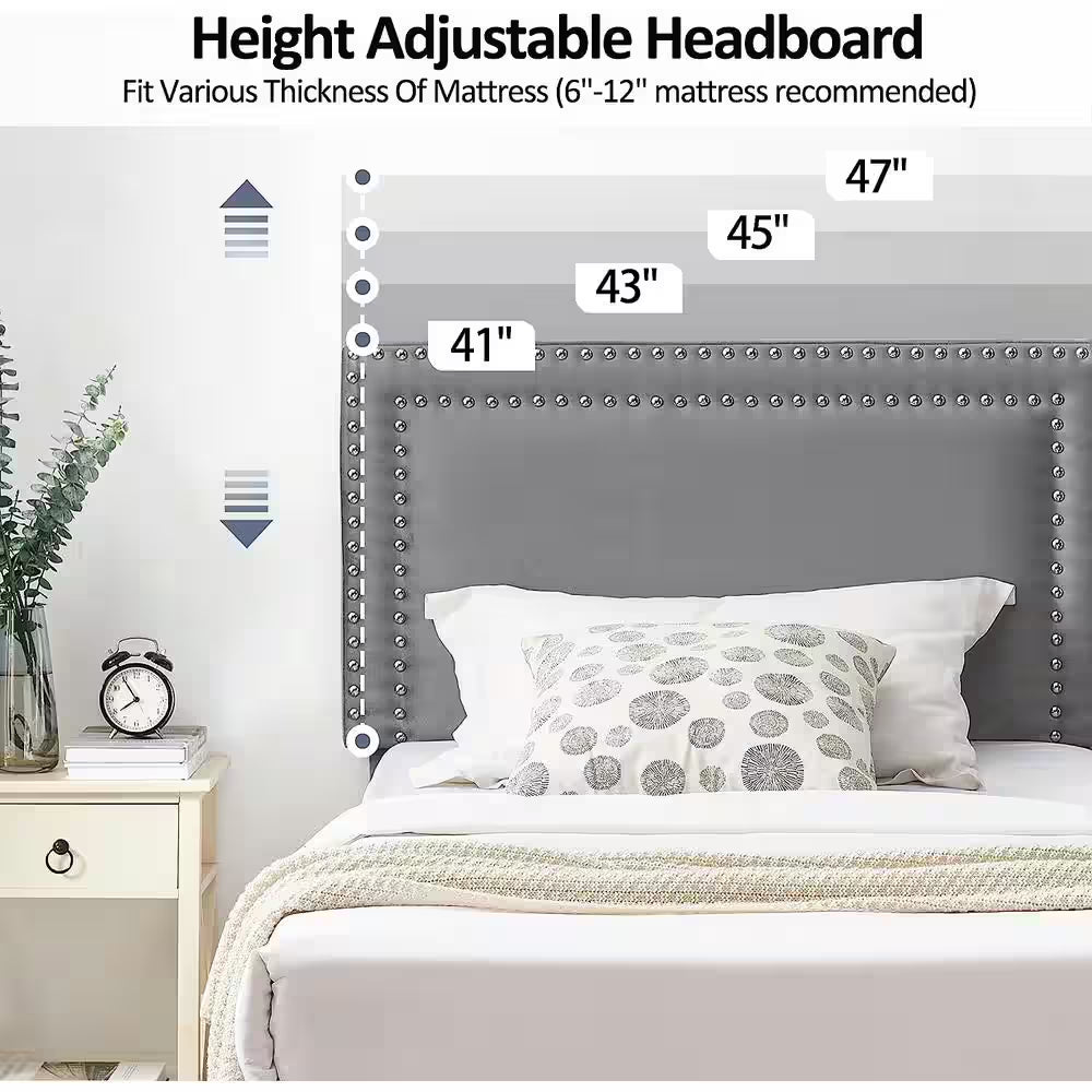 Twin Upholstered Platform Bed Frame – Adjustable Headboard, No Box Spring Needed, Gray