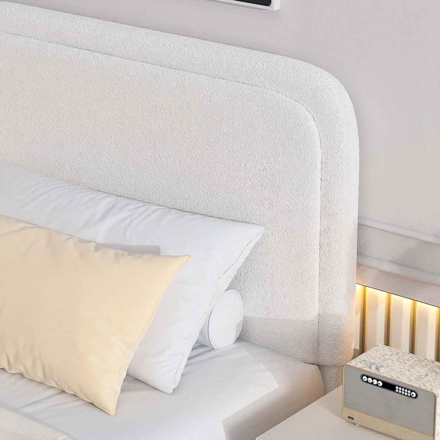 **4 Ever Queen Upholstered Bed Frame – High Curved Headboard & Soft Footboard, Cream**