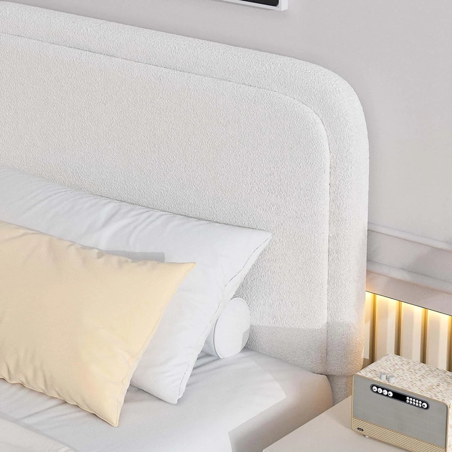 **4 Ever Queen Upholstered Bed Frame – High Curved Headboard & Soft Footboard, Cream**