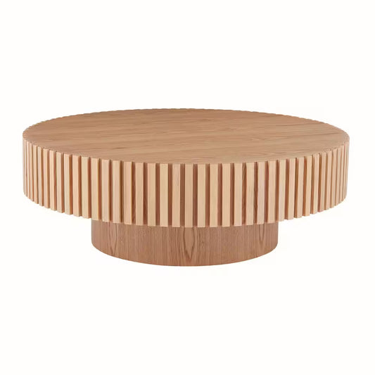 **31.49" Round Natural Drum Coffee Table – Modern Handcrafted Wood-Look Accent Table**