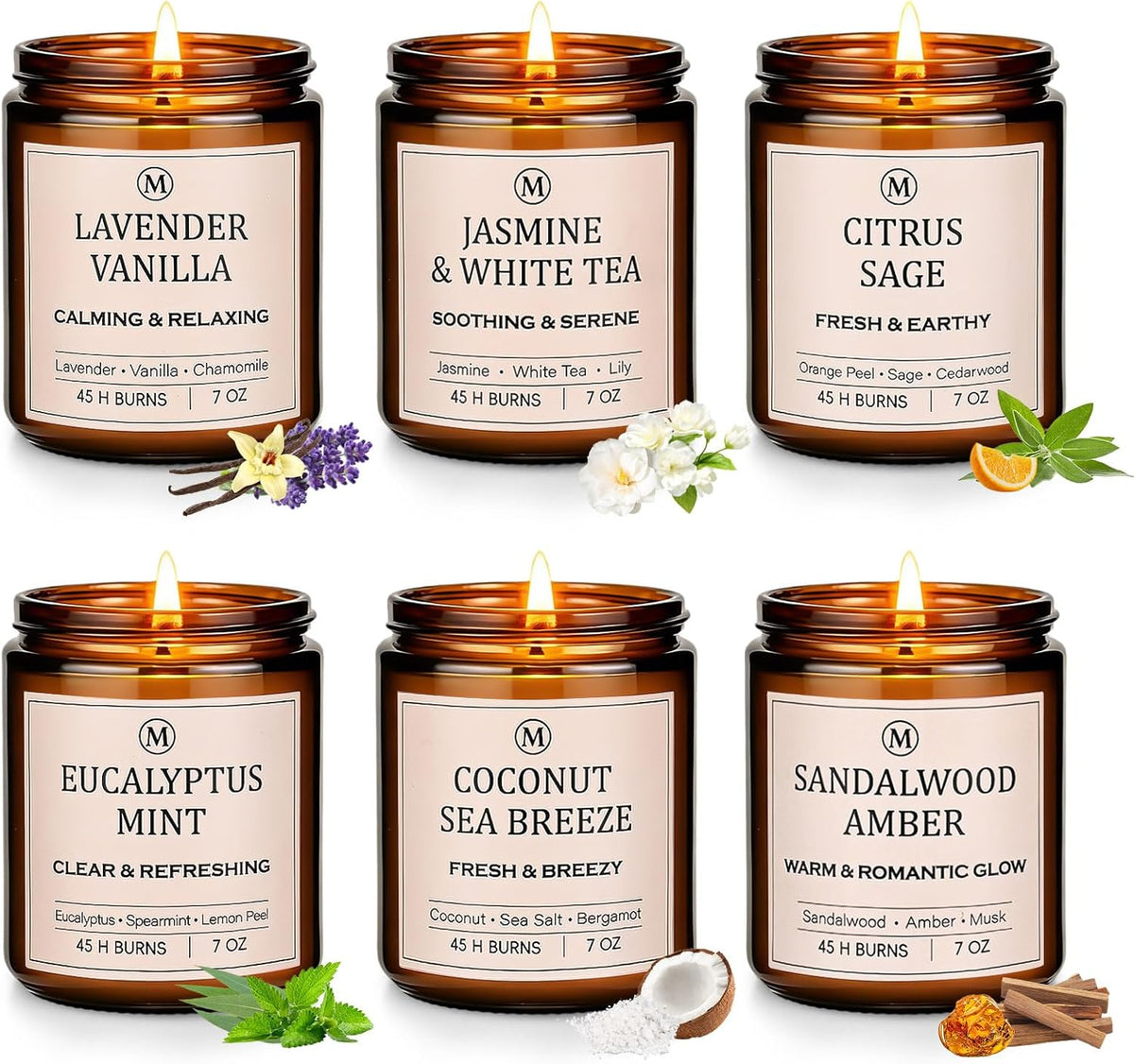 Scented Soy Candle Gift Set – 6 Relaxing Scents, 7 oz Each, Up to 300 Hours Burn Time
