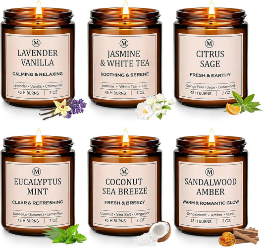 Scented Soy Candle Gift Set – 6 Relaxing Scents, 7 oz Each, Up to 300 Hours Burn Time