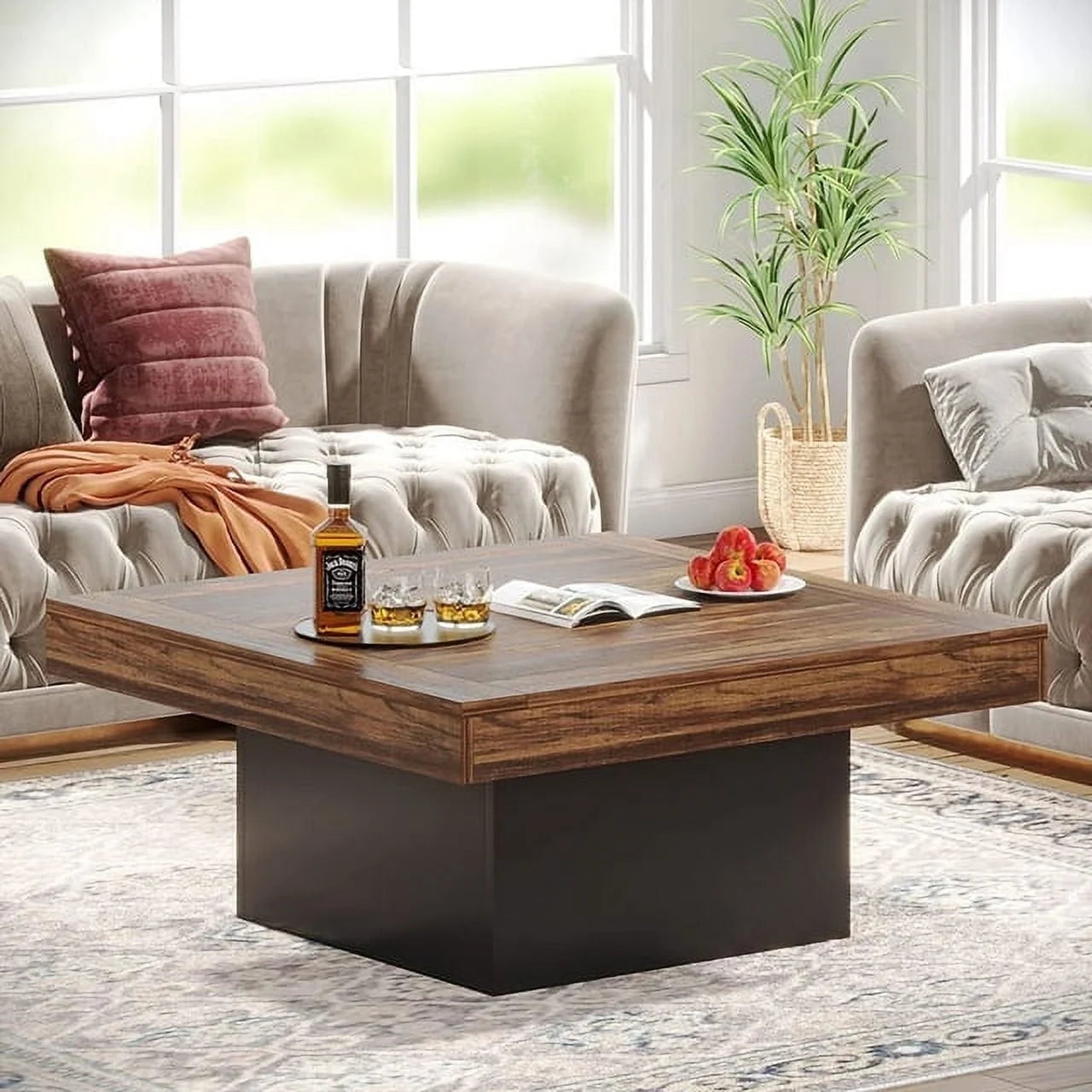 Modern Square LED Coffee Table – Rustic Brown & Black Wood Living Room Table