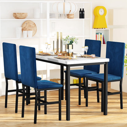 5-Piece Dining Set for 4 – Faux Marble Table with 4 Velvet Upholstered Chairs, White & Blue