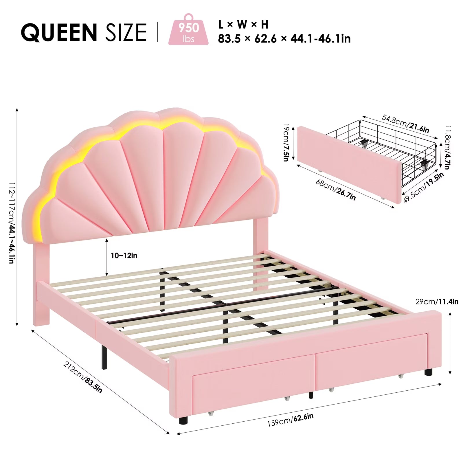 Queen Pink Velvet Bed Frame – Petal Headboard, LED Lights & Storage Drawers