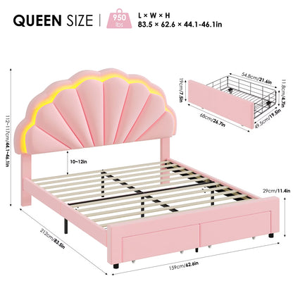 Queen Pink Velvet Bed Frame – Petal Headboard, LED Lights & Storage Drawers