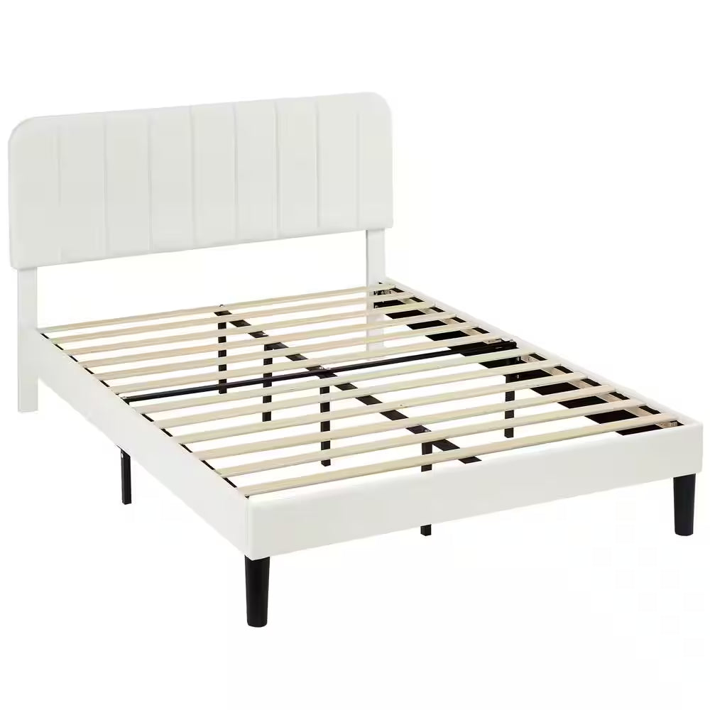 Queen Upholstered Platform Bed Frame – Adjustable Headboard & Strong Wooden Slat Support, White