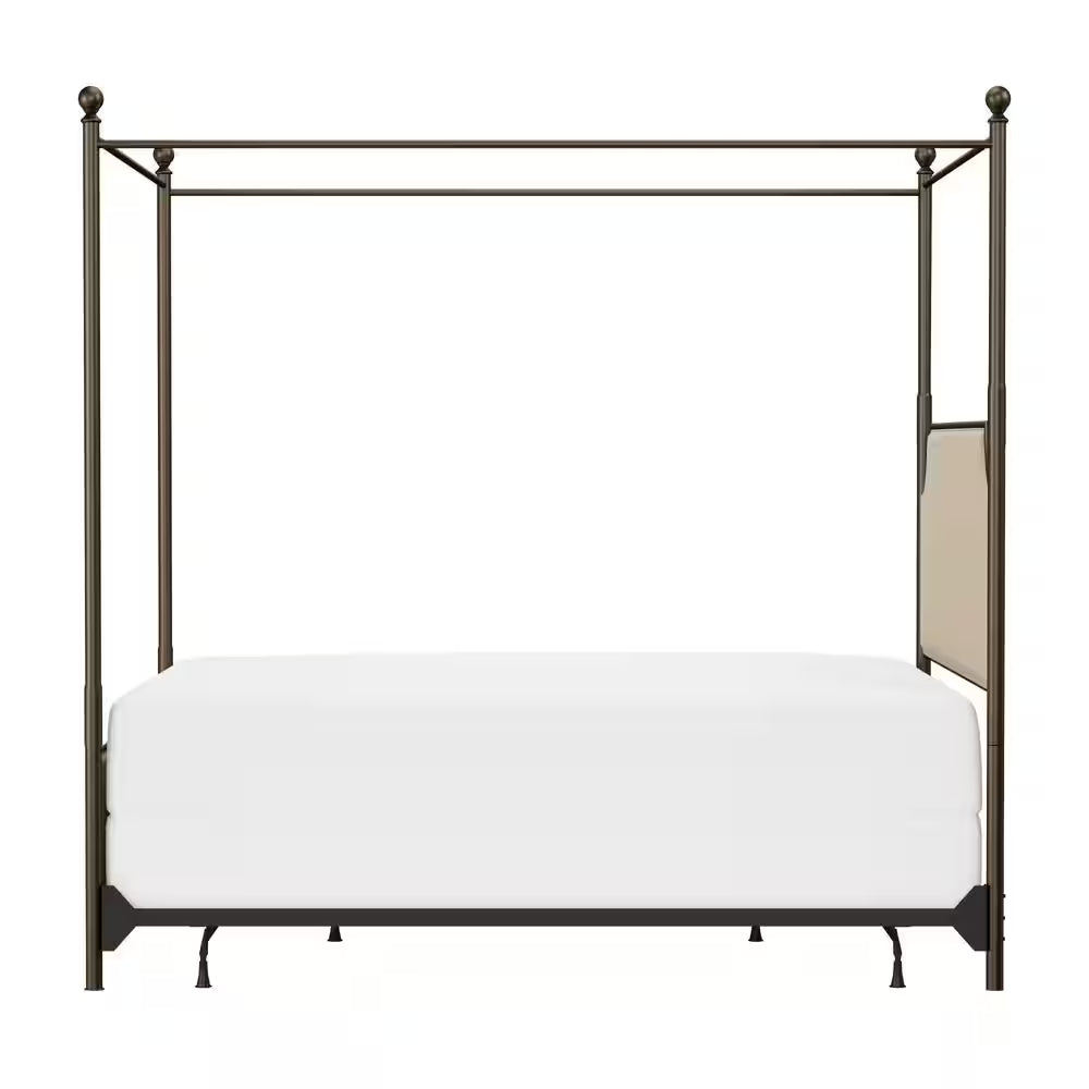 McArthur Queen Canopy Bed – Bronze Metal Frame with Upholstered Headboard