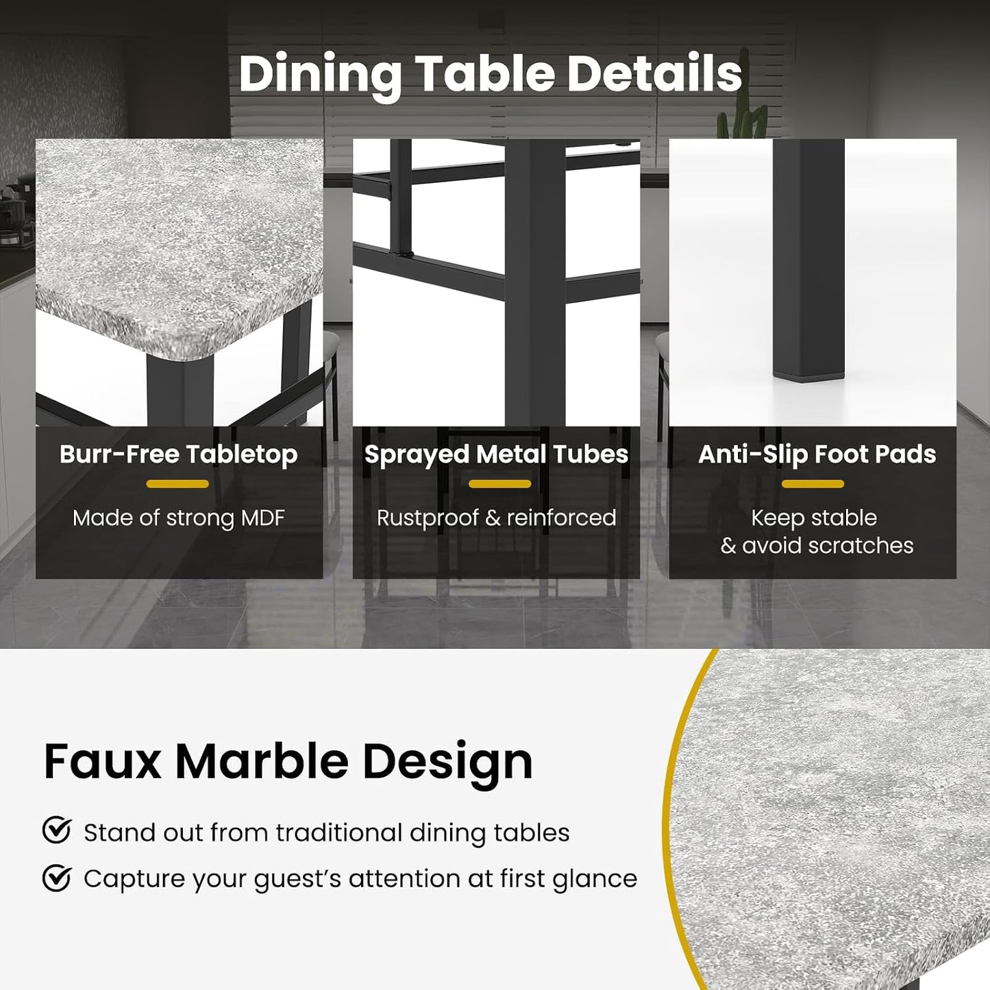 5-Piece Dining Table Set for 4 – Space-Saving Kitchen Table & 4 Padded Chairs with Metal Frame